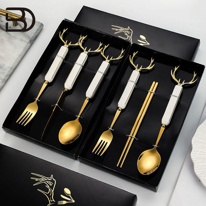 CJBS55 Christmas Elk Spoon Chopsticks Knife Fork Set